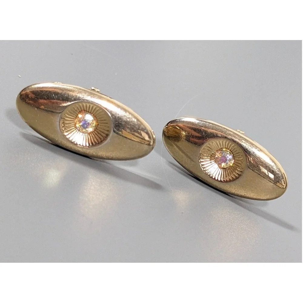 Vintage Swank Aurora Borealis AB Oval Cufflinks‎ Gold Tone